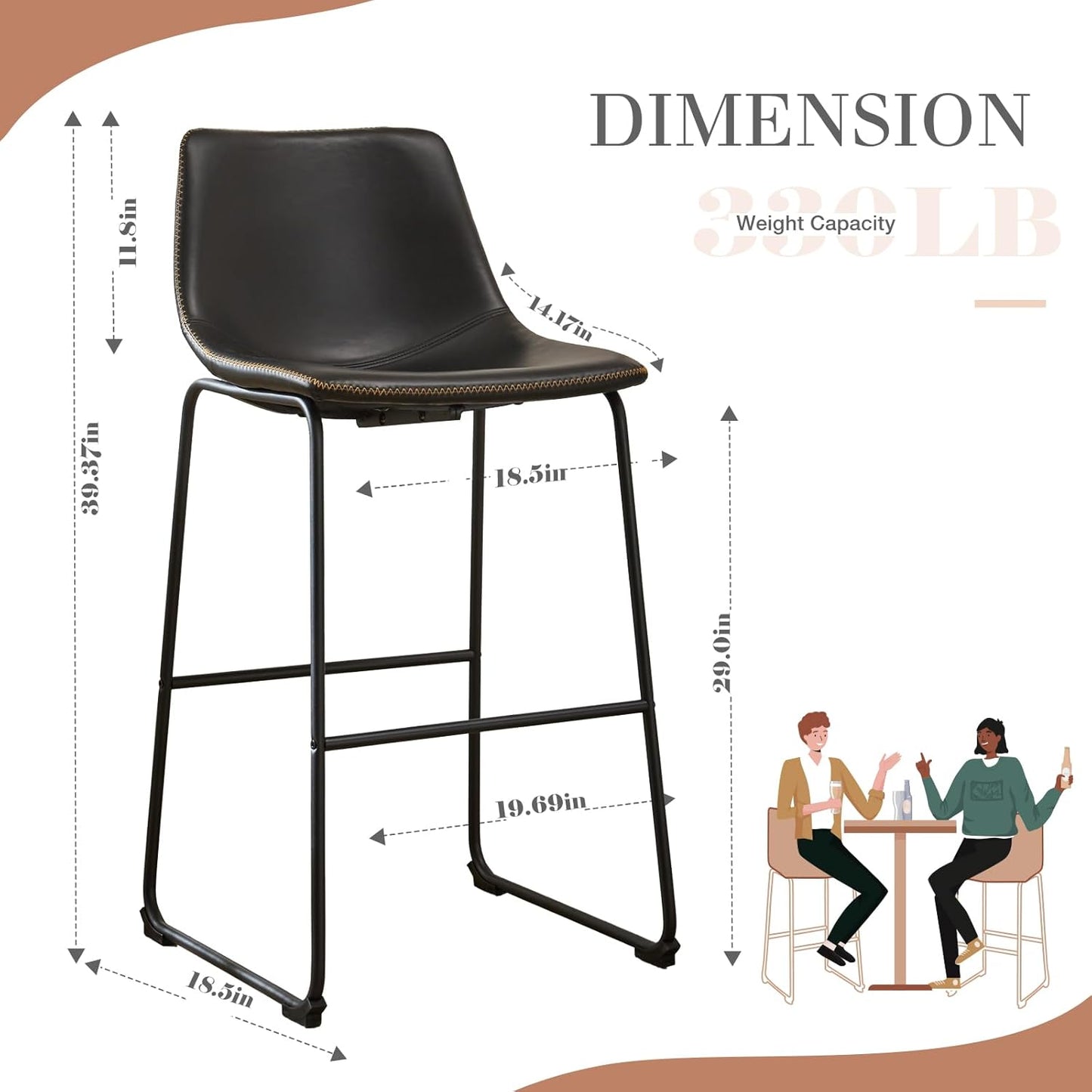 DUMOS 30 Inch Counter Height Bar Stools Set of 2, Modern Faux Leather High Barstools with Back and Metal Leg, Bar Chairs for Kitchen lsland, Elegant Black