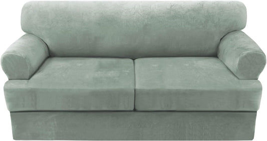 H.VERSAILTEX Sofa Cover 3 Piece T Cushion Sofa Slipcovers Thick Velvet Couch Cover Stretch T Cushion Sofa Covers for 2 Cushion Couch with 2 Individual T Cushion Covers Washable, Sea Grass