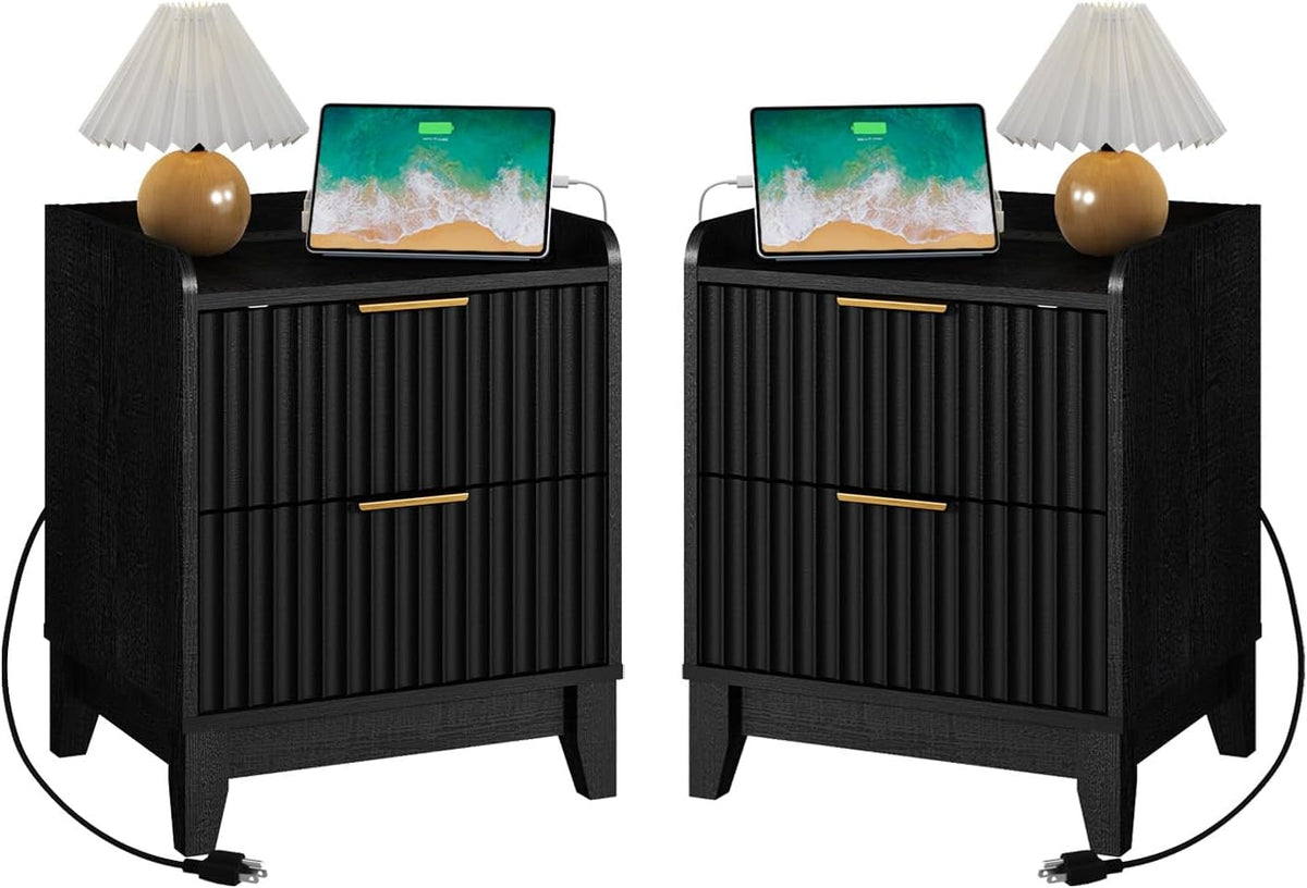 Wnutrees Fluted Nightstand with Charging Station, Modern Bedside Table with 2 Drawers, Farmhouse Wooden End Side Table Living Room, 2 Pack, Black