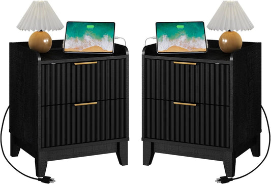Wnutrees Fluted Nightstand with Charging Station, Modern Bedside Table with 2 Drawers, Farmhouse Wooden End Side Table Living Room, 2 Pack, Black