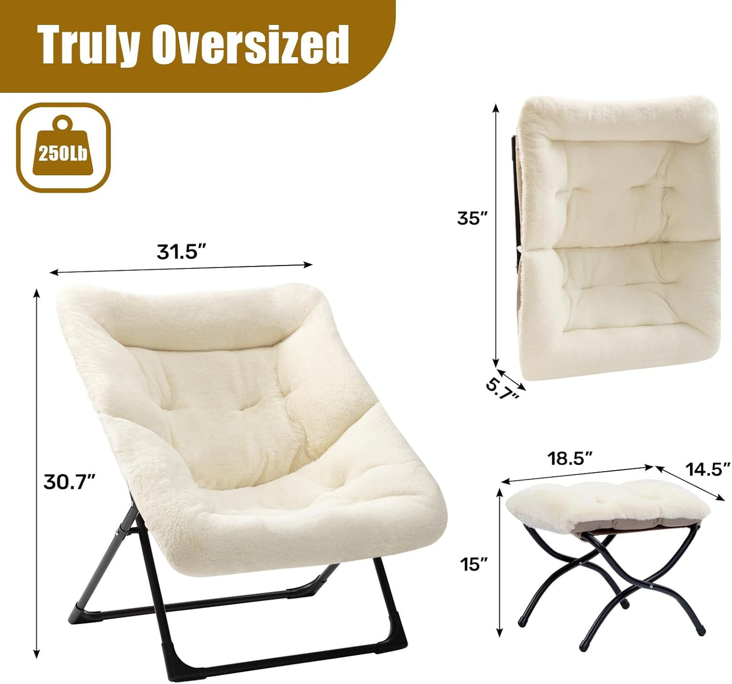 HollyHOME X-Large Saucer Chair with Foldable Ottoman, Comfy Oversized Folding Chair and Folding Footrest Stool Set, Faux-Fur Reading Chair and Footstool for Living Room, Bedroom, Beige Chair&Stool