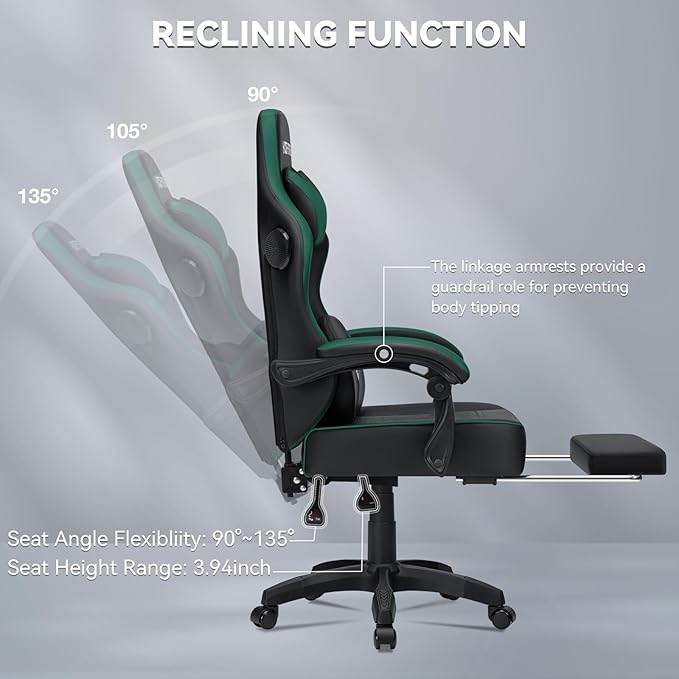 HOFFREE Gaming Chair with Speakers Massage Computer Gaming Chair with Pocket Spring Cushion for Adults Reclining Gamer Chair with Bluetooth Video Game Chairs with Footrest Green and Black
