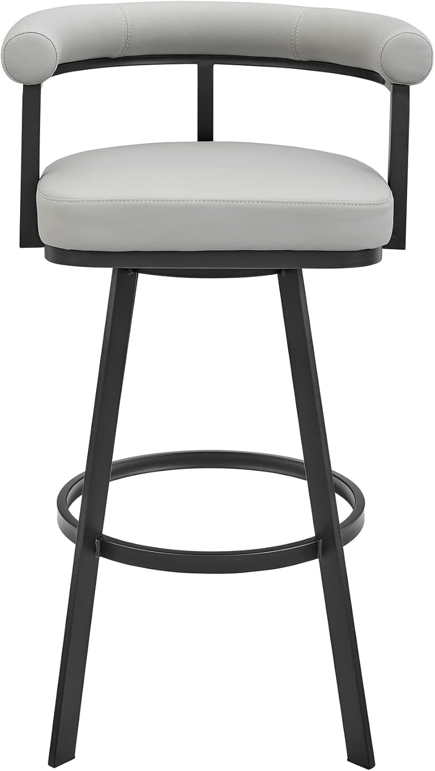 Armen Living Magnolia Swivel Bar Stool in Black Metal with Light Grey Faux Leather