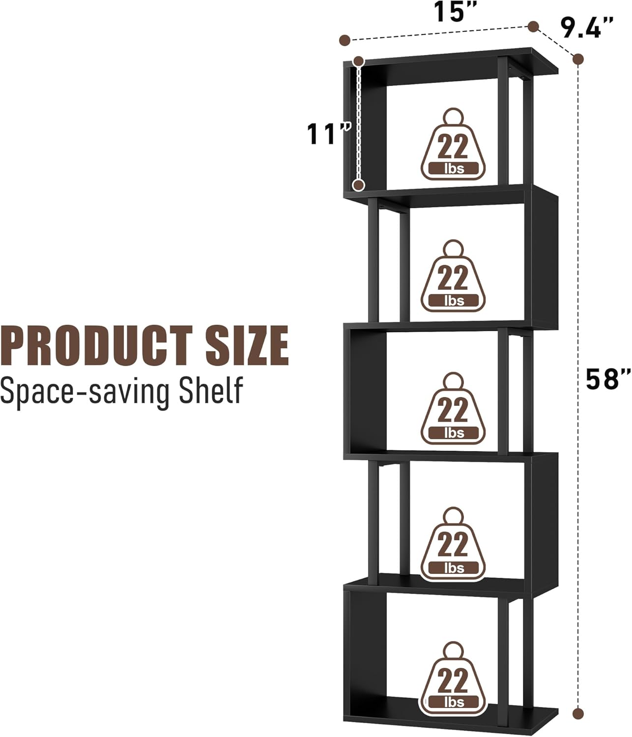 Gadroad 5-Tier Bookshelf, Tall S-Shaped Geometric Bookcase, Wood and Metal Decorative Storage Shelving, Modern Freestanding Display Shelves, Book Shelf Unit for Living Room Bedroom Home Office, Black