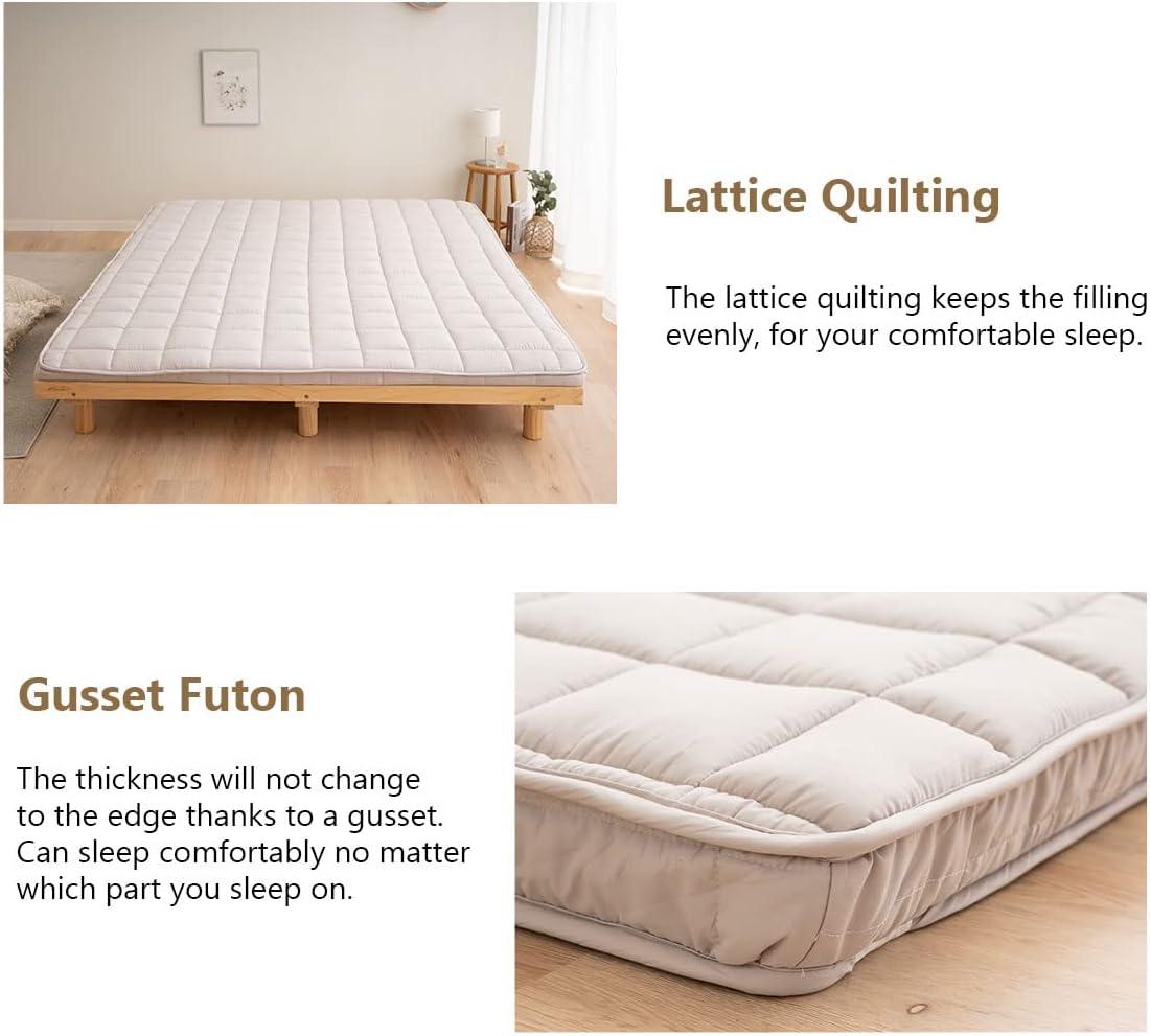EMOOR Japanese Padded Futon Mattress Machi Full Gray, Gusset Foldable Storable Elastic Bands Floor Sleeping Guest Bed Tatami Mat
