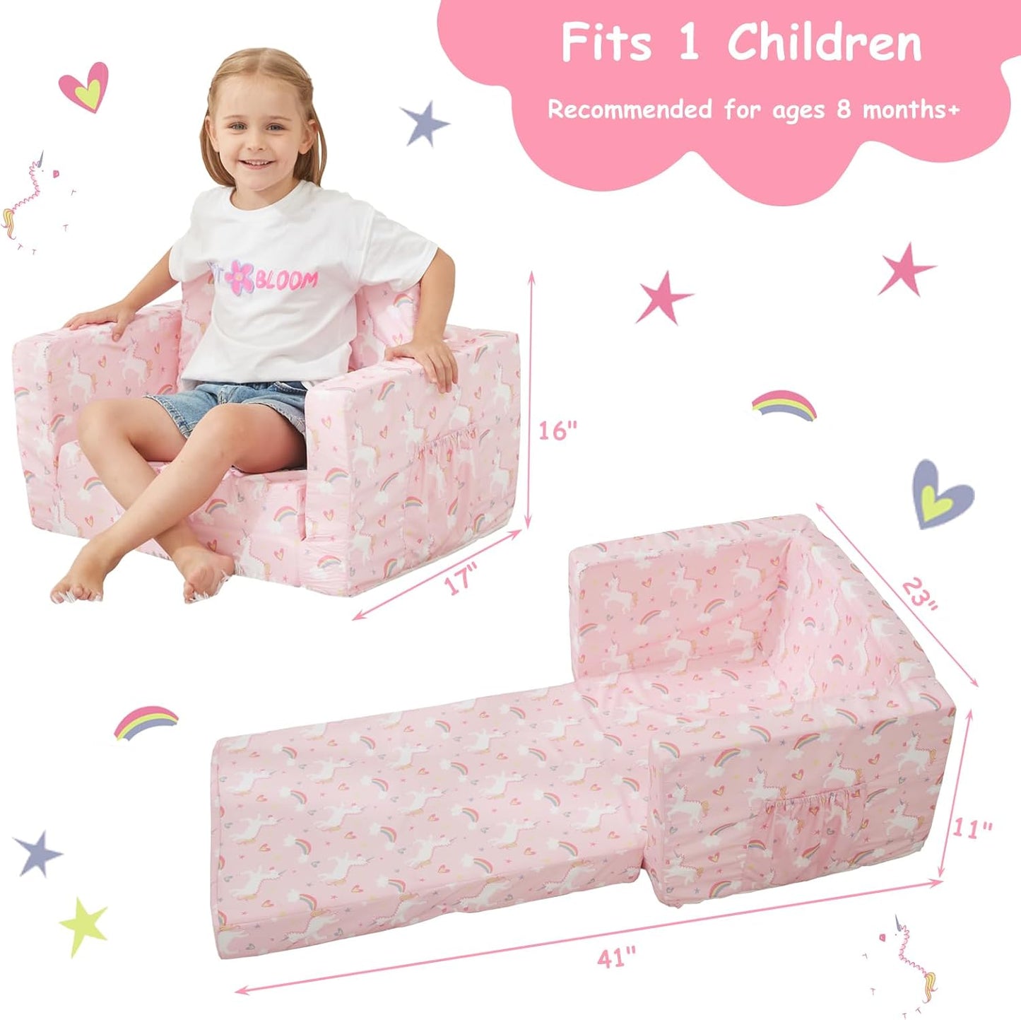 Viviland Kids Chairs for Toddler,2-in-1 Soft Toddler Couch Fold Out,Convertible Soft to Lounger Toddke Chair Comfy for Girls and Boys,Pink Unicorn