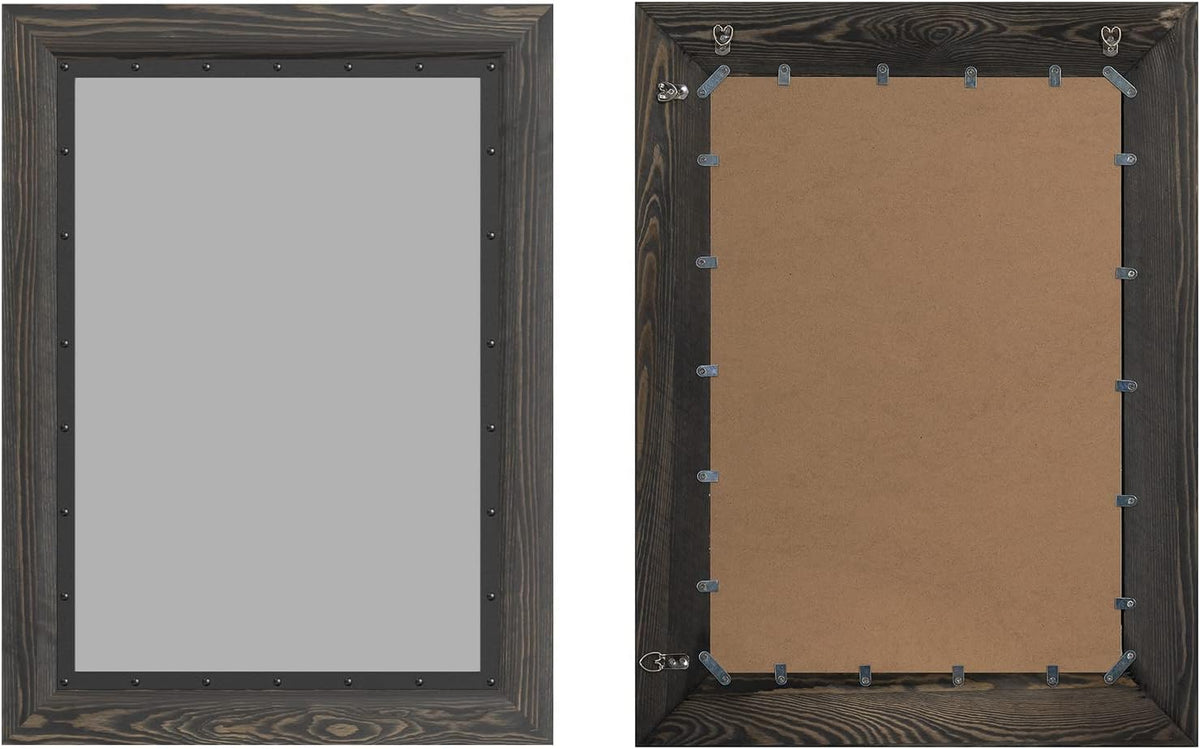 YOSHOOT Rustic Wooden Framed Wall Mirror, 32x24 Inch, Natural Wood and Iron Bathroom Vanity Mirror for Farmhouse Decor, Vertical or Horizontal Hanging