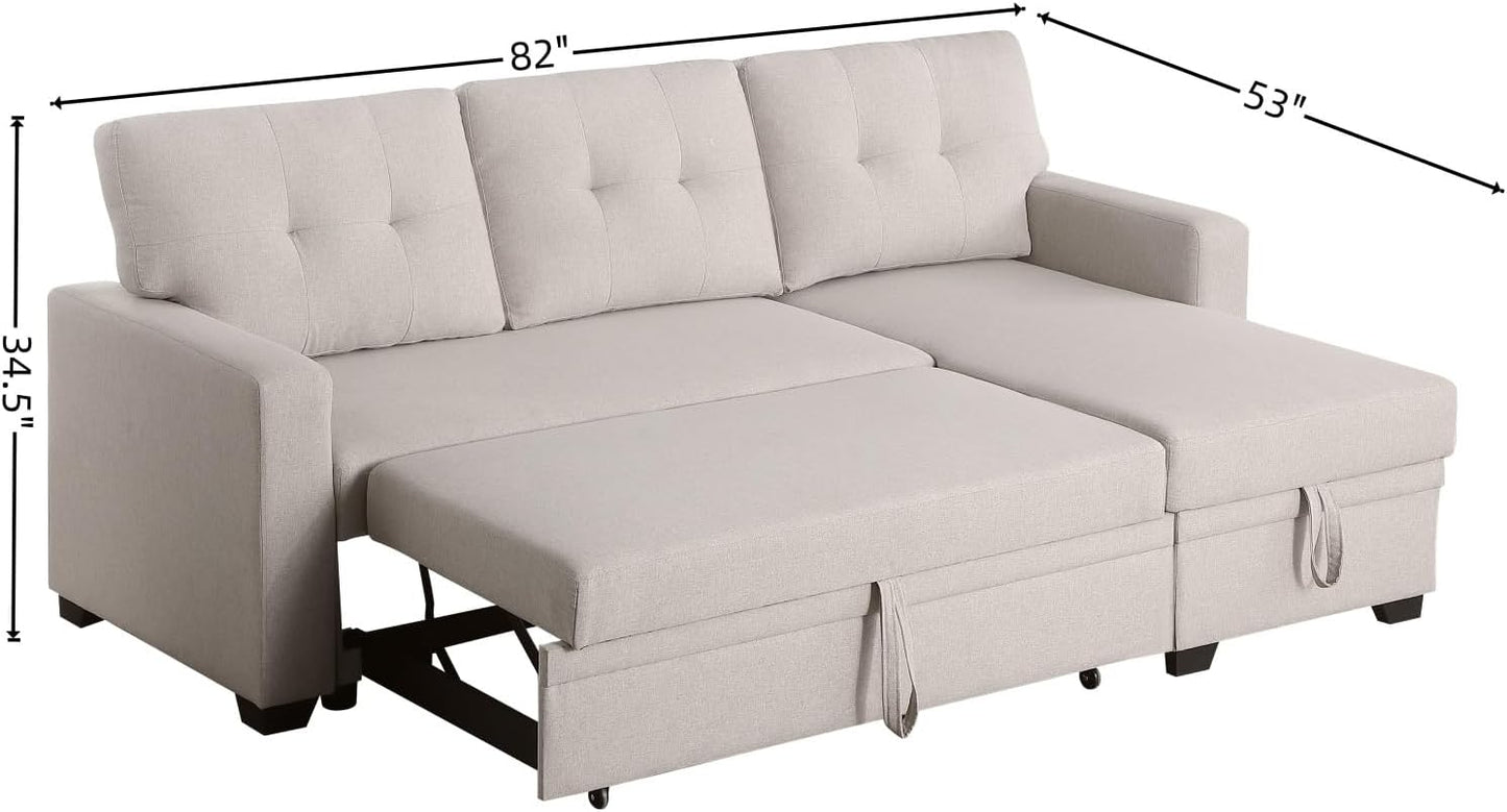 L-Shape Sofa Bed, 82" Sectional Couch with Storage Chaise, Pull Out Sleeper Sofa with Removable Back Cushions, Convertible Corner Couch for Living Room Apartment, Beige