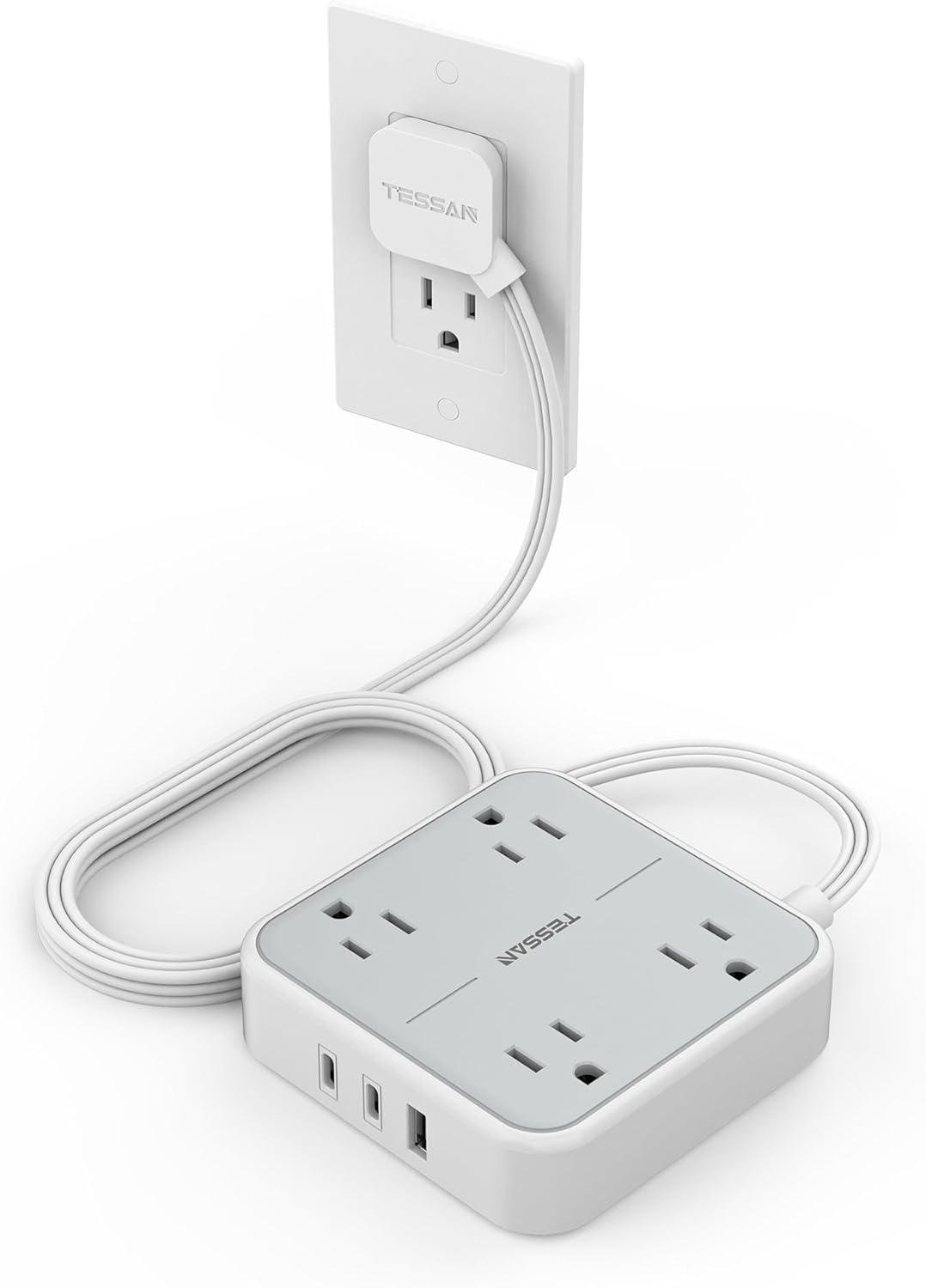 Flat Plug Surge Protector Power Strip, TESSAN 5 ft Ultra Thin Extension Cord with 3 USB Wall Charger(2 USB C Ports), 4 Outlets Slim Desk Charging Station for Travel, Office, Dorm Room Essentials