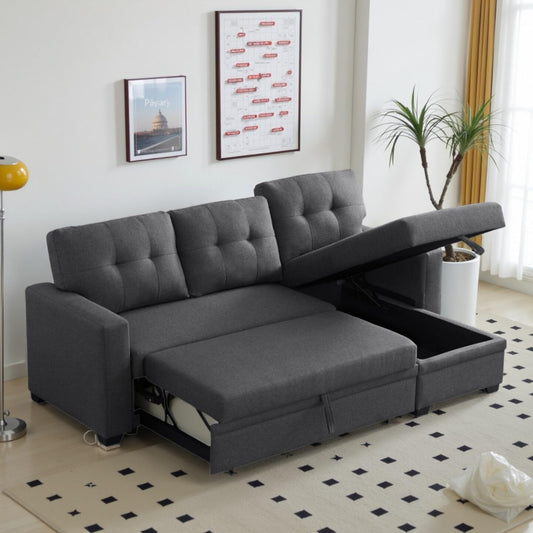 L-Shape Sofa Bed, 82" Sectional Couch with Storage Chaise, Pull Out Sleeper Sofa with Removable Back Cushions, Convertible Corner Couch for Living Room Apartment, Dark Gray