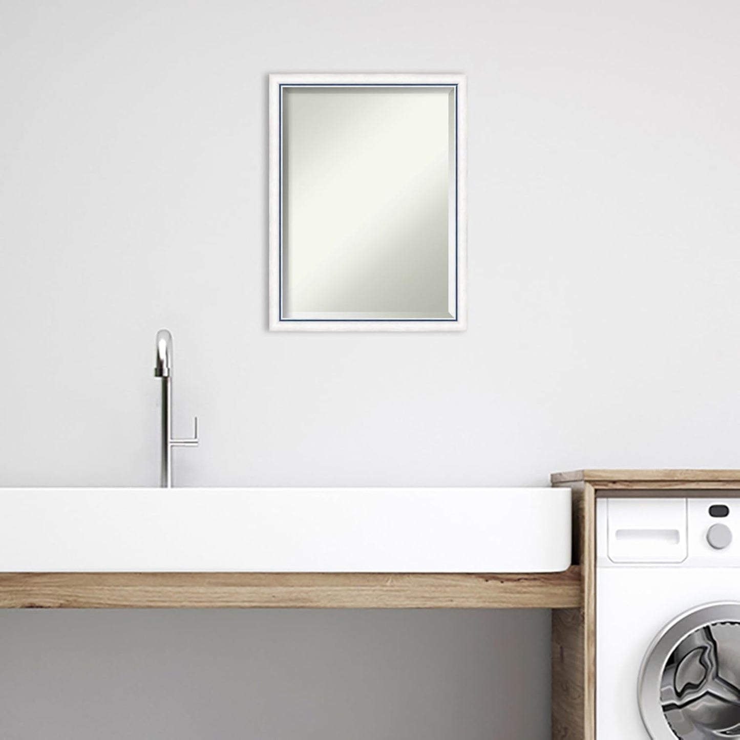 Amanti Art White Bathroom Mirror for Over Sink, 26x20 Morgan White Blue Rectangle Vanity Mirror, Medium Modern Contemporary Wood Frame, Hangs Horizonally and Vertically, Bathroom Wall Decor, Beveled