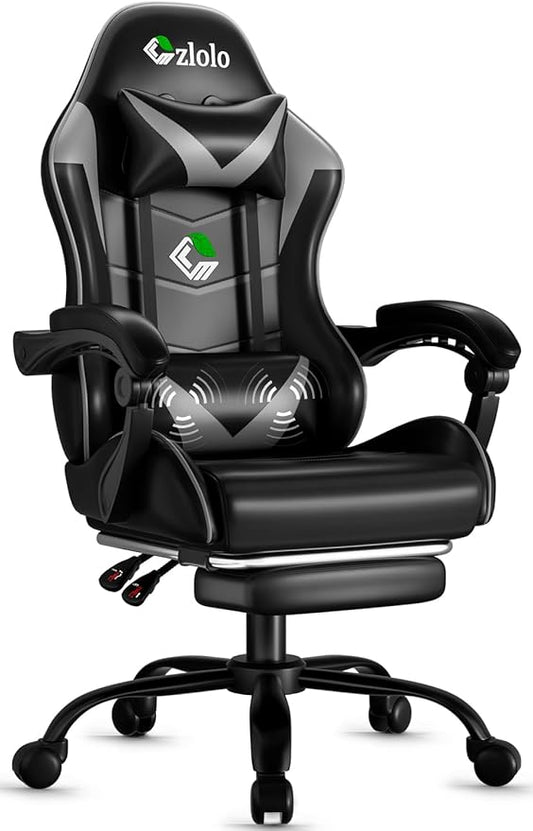 Gaming Chair with Footrest Racing Style Lumbar Support Massager Video Game Chair with Metal Legs, High Back Reclining Gamer Chair with Headrest, 360° Swivel Office Computer Desk Chair (Gray)