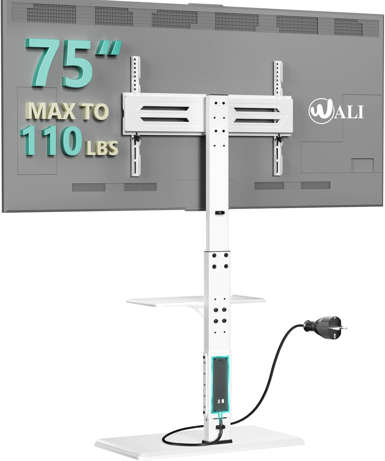 WALI Floor TV Stand with Power Outlet & AV Shelf, Tall TV Stand Mount for 32-75 inch TV up to 110 lbs, Swivel and Height Adjustable TV Stands with Wood Base for Bedroom, Office(TVDVD-6PW), White