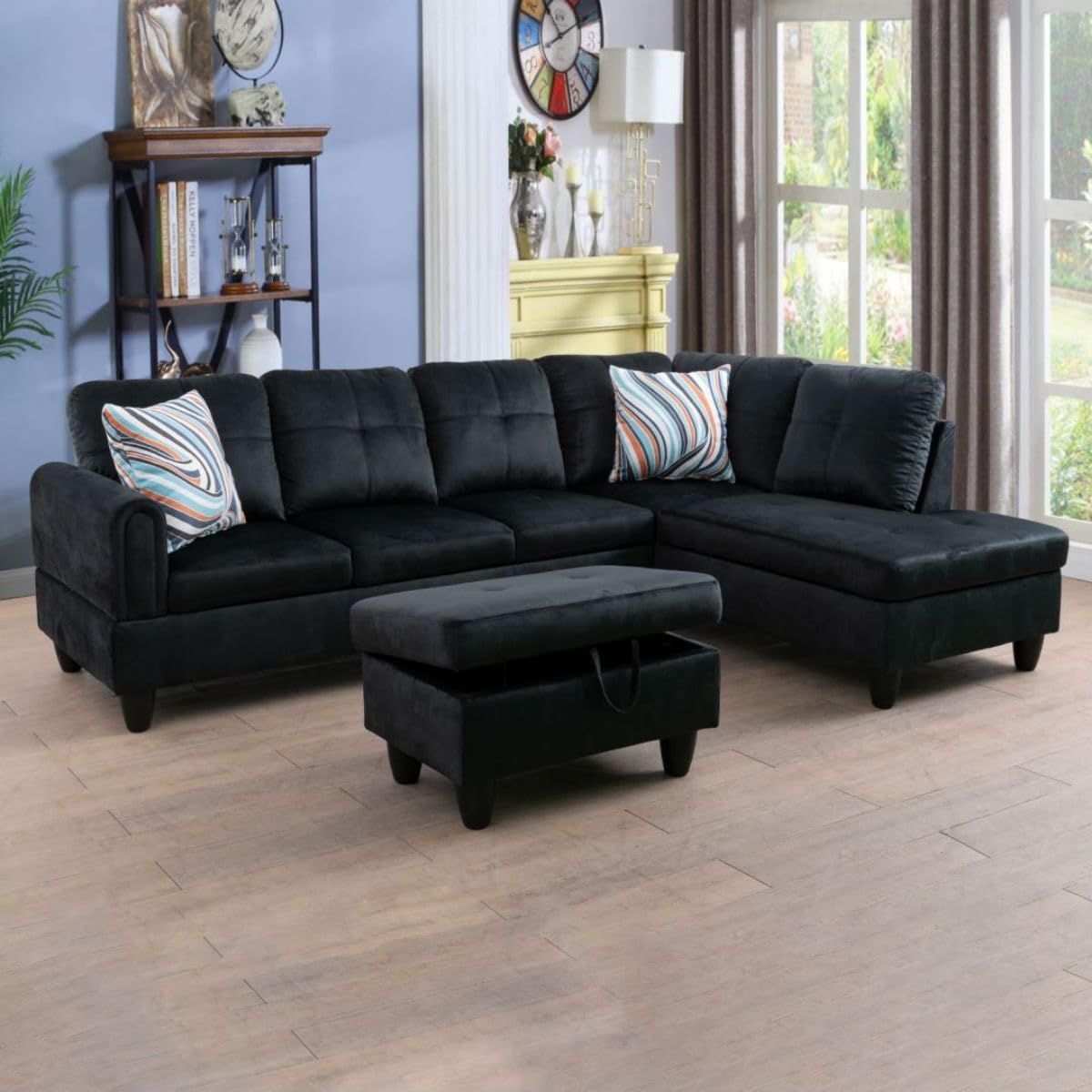 Black L-Shaped 3-Piece Flannel Sofa with Storage Ottoman Set, Sectional Couch Sofa Set for Living Room, Office, Small Space