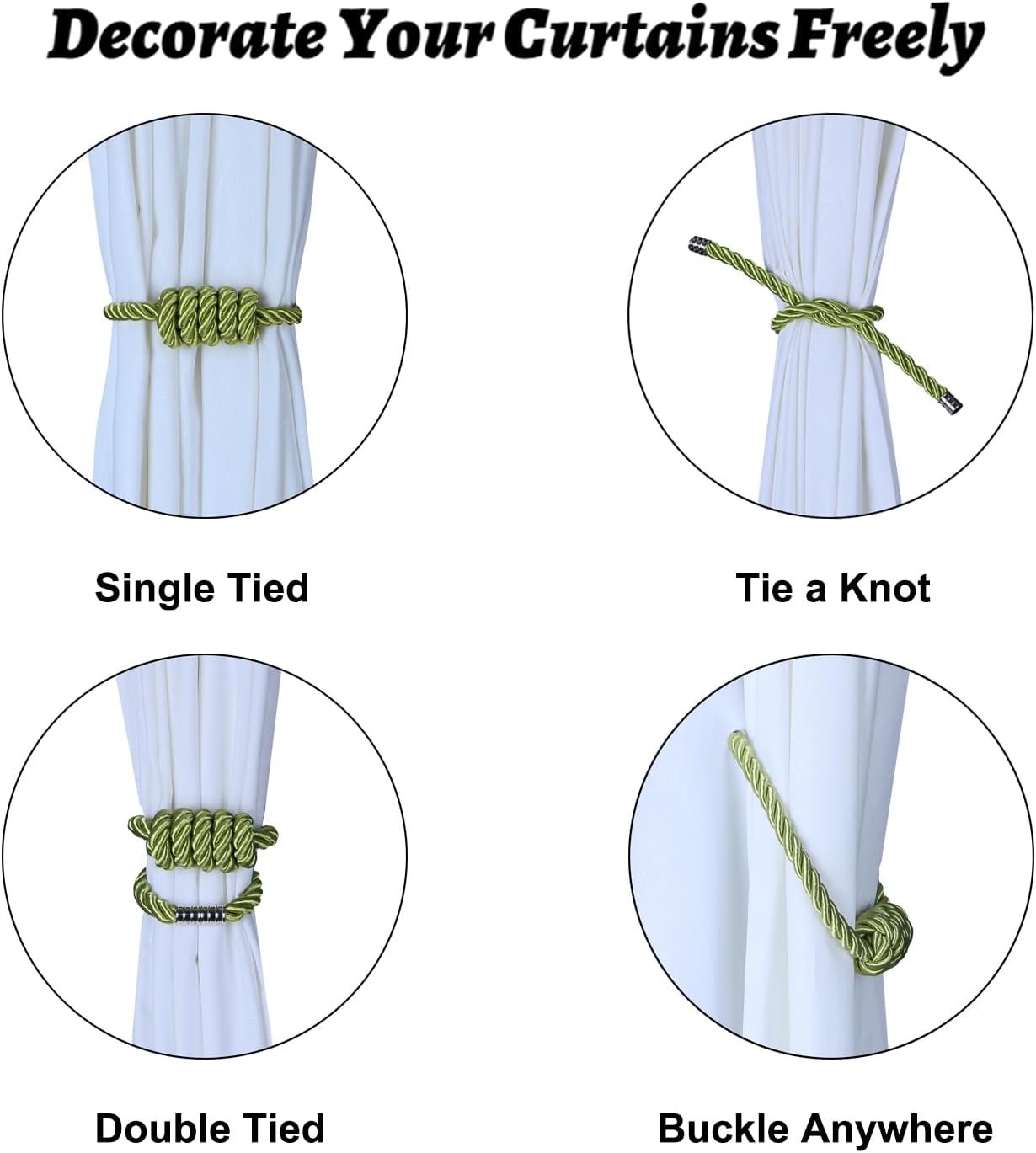 BEL AVENIR Magnetic Curtain Tiebacks, Decorative Drapery Holdbacks Modern Woven Tie-Backs with Exquisite Knot (Green, 6 Pack)