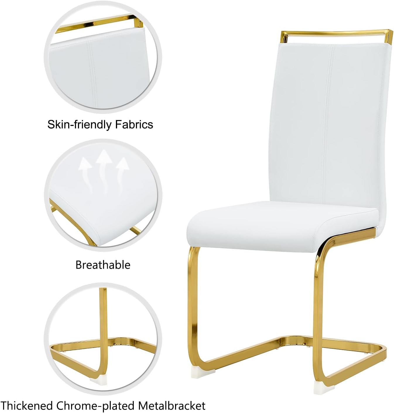 Modern Dining Chairs Set of 4,High Back White Kitchen Chairs,Faux Leather Side Chair with Gold Plated Metal Legs,Easy to Clean Upholstered Dining Chairs,Ideal for Living Room(Gold Leg)