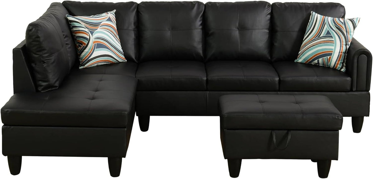 NicBex Sectional Couch 3 Pieces Sofa Set with Right Chaise Faux Leather L Shaped Cloud Couch for Living Room Furniture Sets with Storage Ottoman, Modular Sofa for Living Room & Apartment, Black