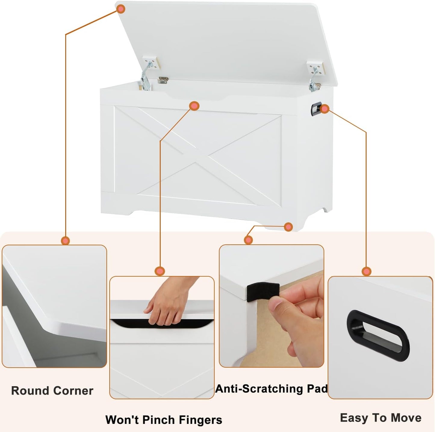 Storage Chest, Wooden Storage Bench, Entryway Shoes Bench with 2 Safety Hinges, Retro Storage Trunk for Living Room, Bedroom, 15.7 x 31.5 x 18.9 Inches, White