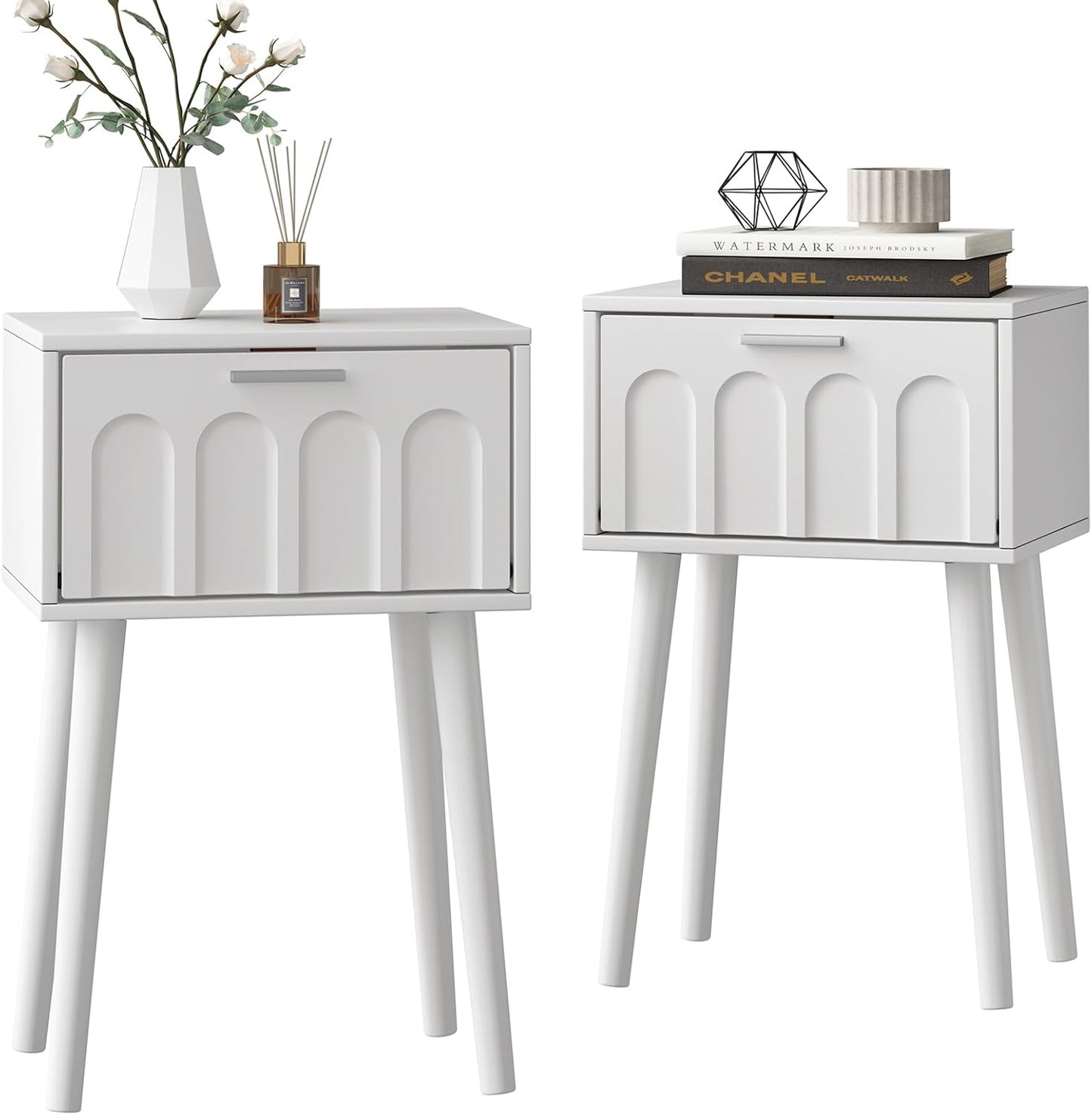 LAATOOREE Nightstand Set of 2, Small Bed Side Table with Arch Door, Mid-Century End Table with Wood Legs for Bedroom, Small Space (White)