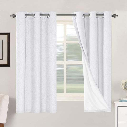 H.VERSAILTEX 100% Blackout Curtains for Bedroom Thermal Insulated Linen Textured Curtains Heat and Full Light Blocking Drapes Living Room Curtains 2 Panel Sets, 42x63 - Inch, Pure White