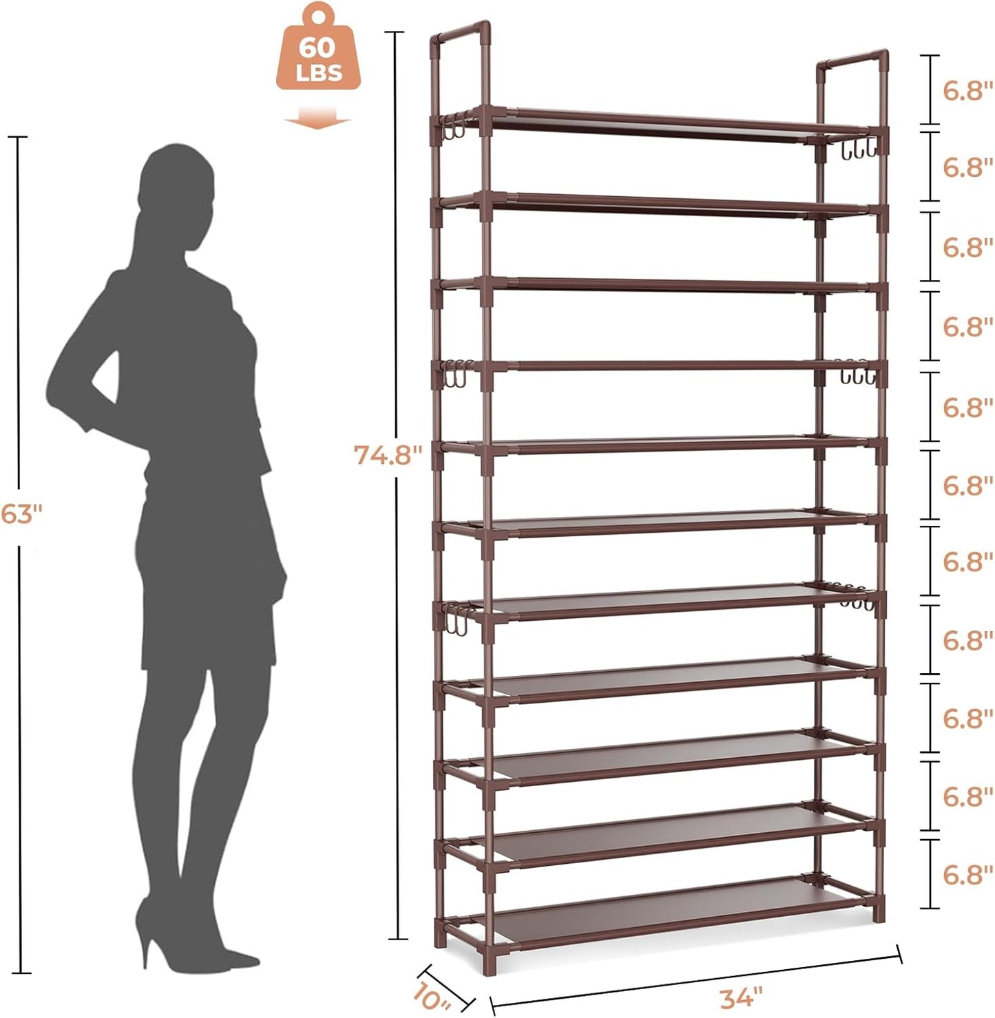 11 Tiers Tall Shoe Rack Holds 55 Pairs of Shoes with 18pcs Hooks Sturdy Wide Shoe Organizer Storage Free Standing Metal Shoe Shelf for Closet, Entryway Brown
