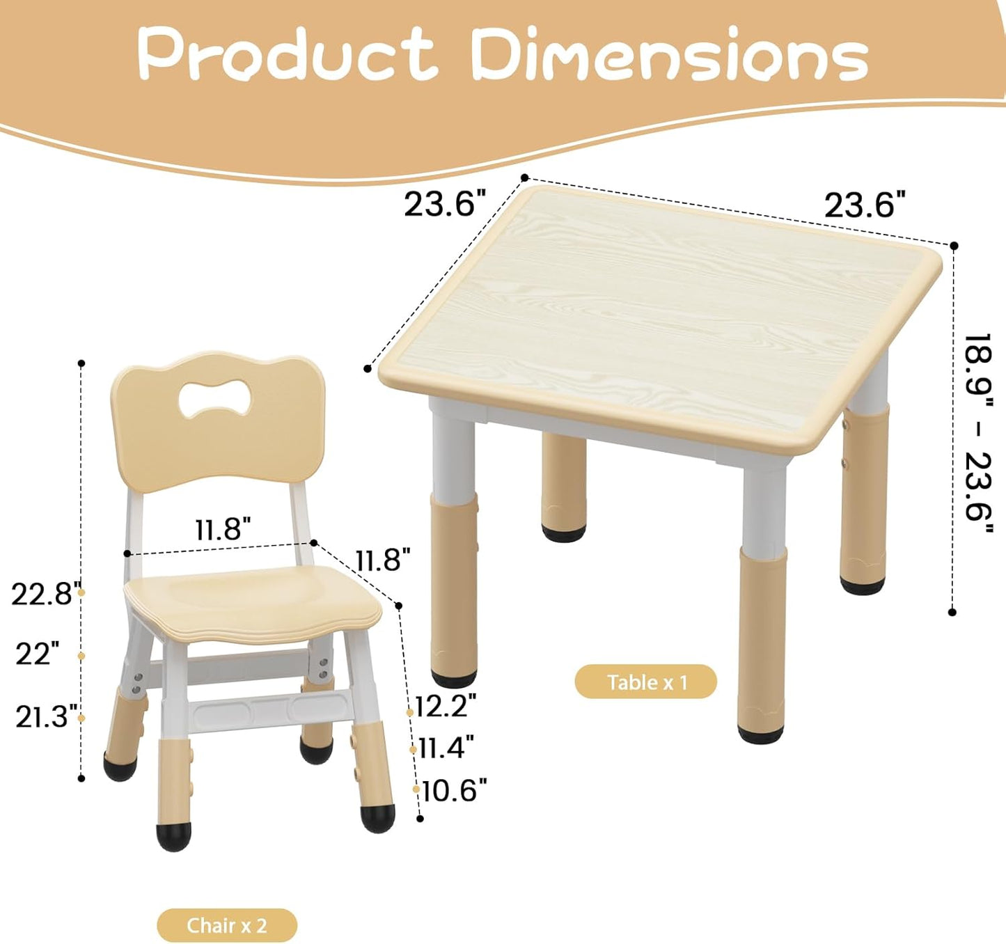 GarveeHome Kids Table and 2 Chairs Set, Height Adjustable Toddler Table and Chair Set for 2, Graffiti Desktop, Non-Slip Design, Children Table for Home Daycare Preschool for Ages 2-8, Beige