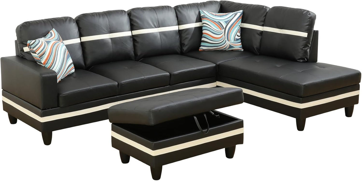 Couches for Living Room PU Leather L Shaped Couch Comfy 3 Pieces Sectional Sofa with Chaise, Ottoman with Storage for Office and Small Apartment, Black