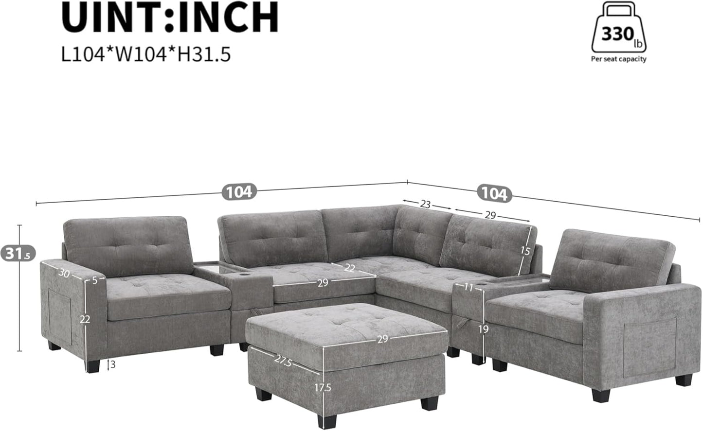 Merax 6 Seater Chenille Sectional Couches with 2 Acrylic Table Top Consoles, Upholstered Modular Tufted Sofa Chaise with Ottoman, Storage Drawers, Pockets, USB Charger & Cup Holders for Living Room