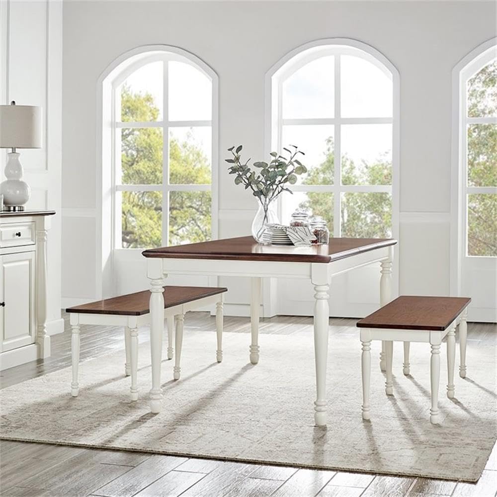 Crosley Furniture Shelby 3-Piece Traditional Dining Table Set for 6 with 2 Wood Benches, Distressed White