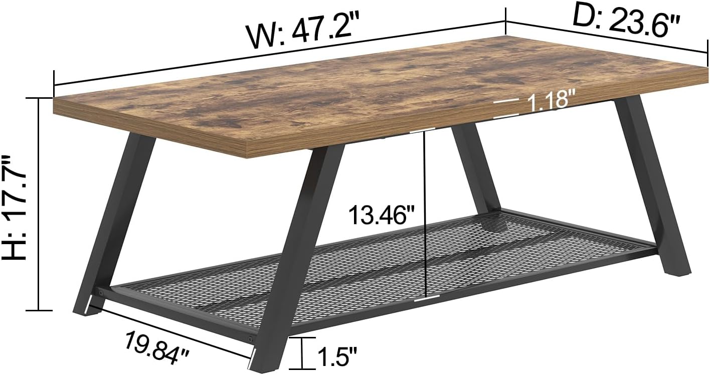 FOLUBAN 47 Inch Coffee Table, Industrial Wood and Metal Living Room Table with Storage Shelf, Rectangle Center Table, Rustic Brown