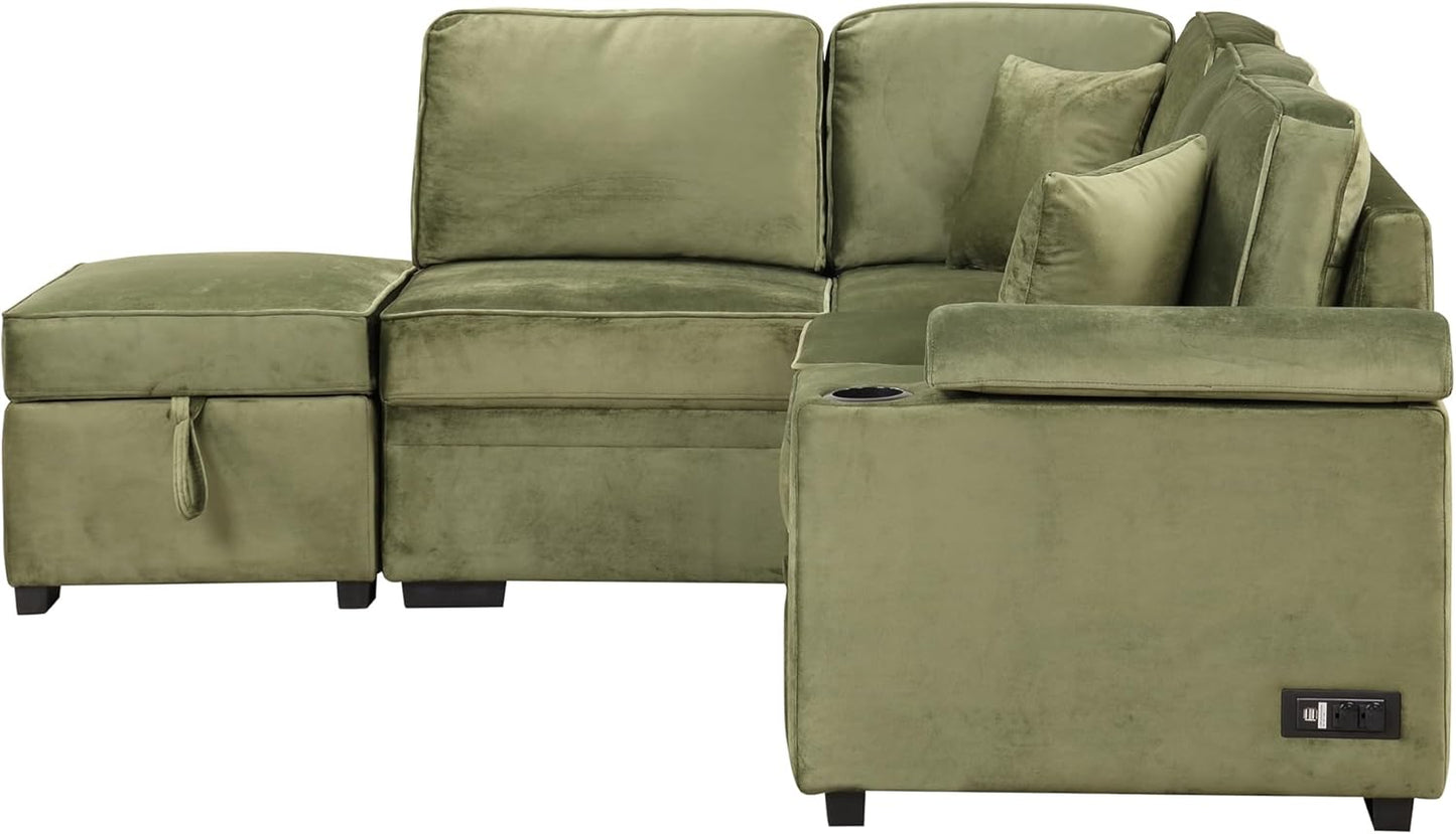 Ball & Cast Sleeper Sofa Bed L Shaped Couch with Storage Ottoman,Pull-Out Sectional Sofa Couch w/Cup Holder and Charging Stations,for Living Room and Small Apartment,Green