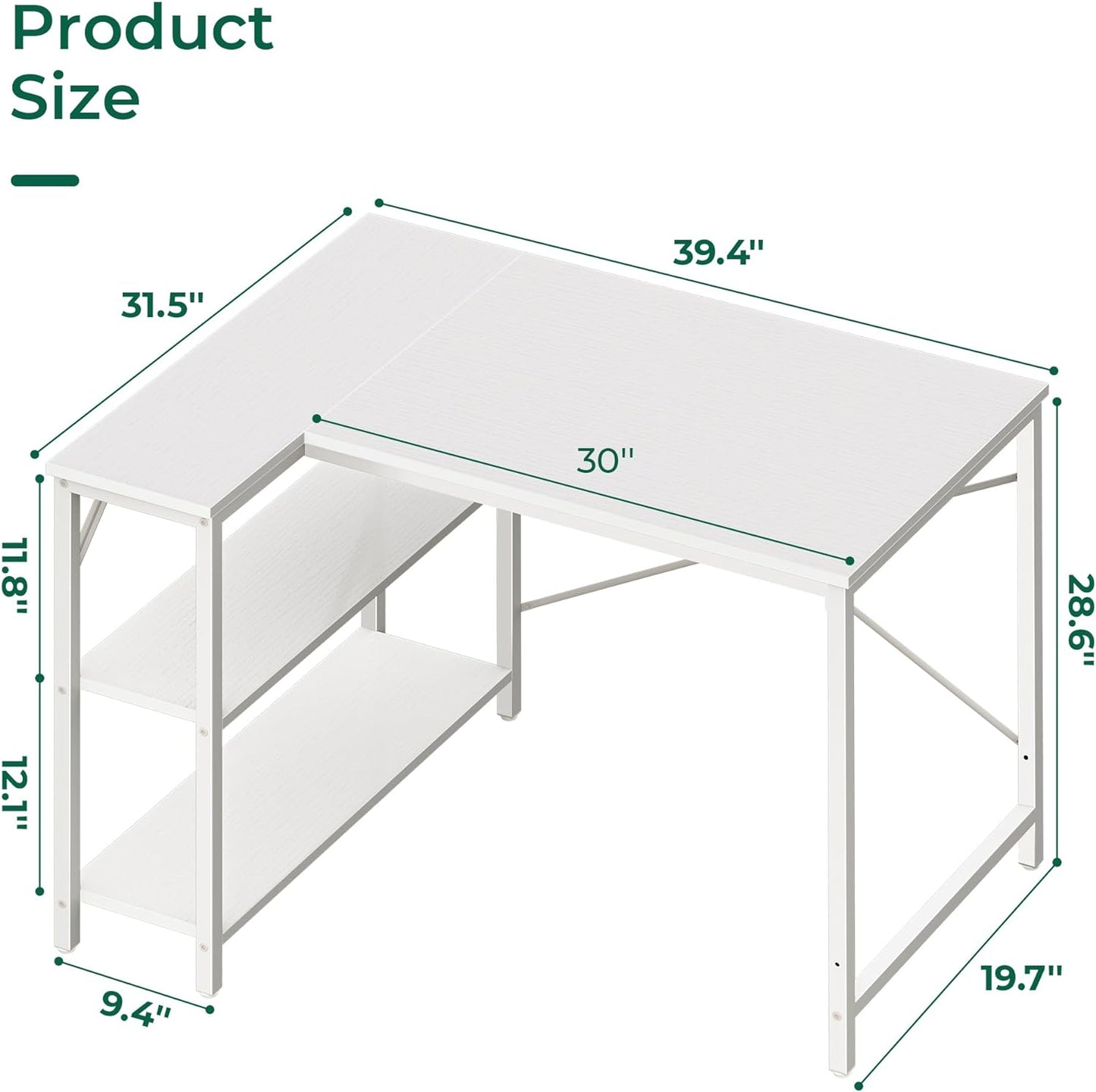 Huuger L Shaped Desk, 39 Inches Computer Desk with Reversible Storage Shelves, for Gaming Corner Home Office Writing Study, Metal Frame, White