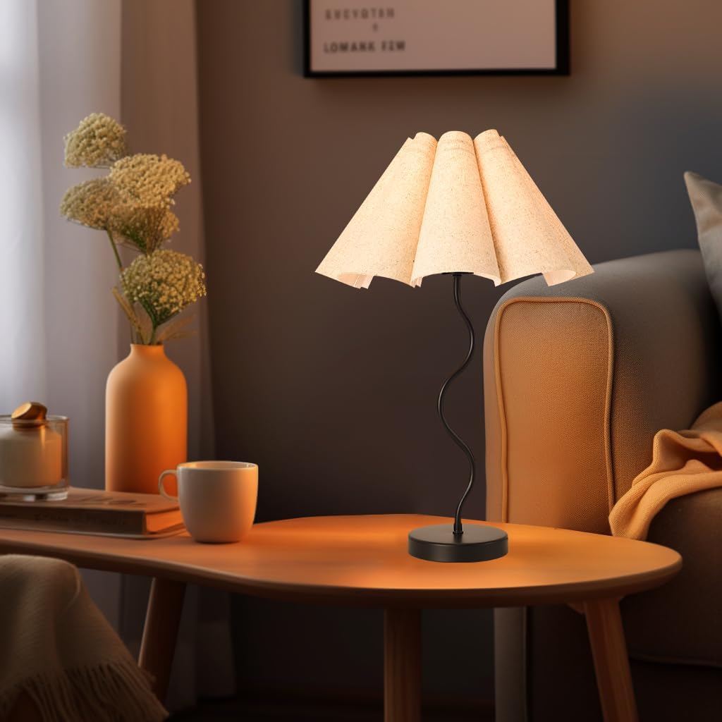 KUNJOULAM Small Table Lamp, Bedside Nightstand Lamp with Umbrella Form Fabric Lampshade Black Base, Morden Mini Desk Lamp for Bedroom Home Office Decor
