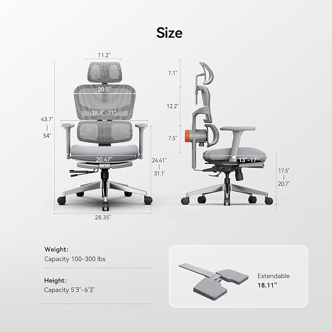 Newtral Office Chair Ergonomic - Home Office Desk Chair, Back Pain Chair with Auto-Following Lumbar Support, 4D Armrest, Seat Depth and Height Adjustable (Foot Rest, Gray)