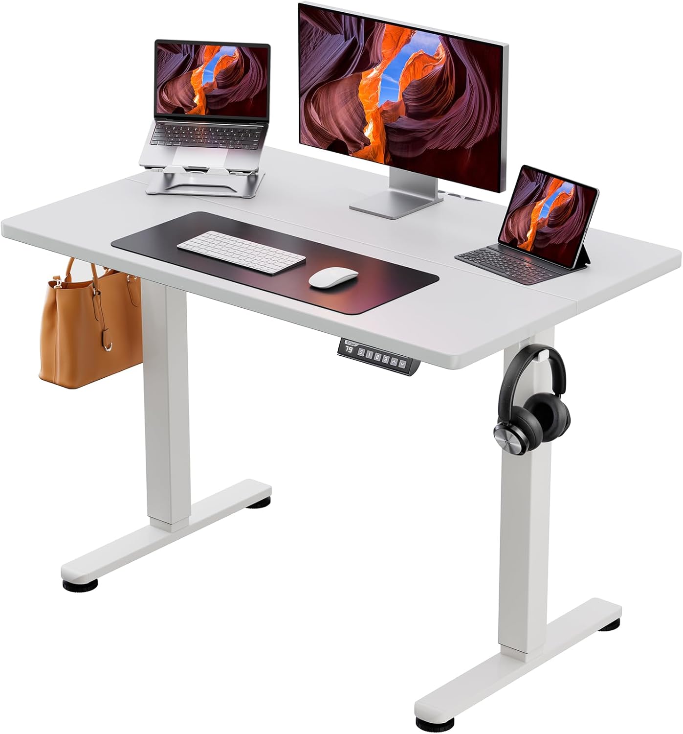 ErGear Small Height Adjustable Electric Standing Desk, 40 x 24 Inches Sit Stand up Desk, Memory Computer Home Office Desk with Two-Piece Desktop (White)