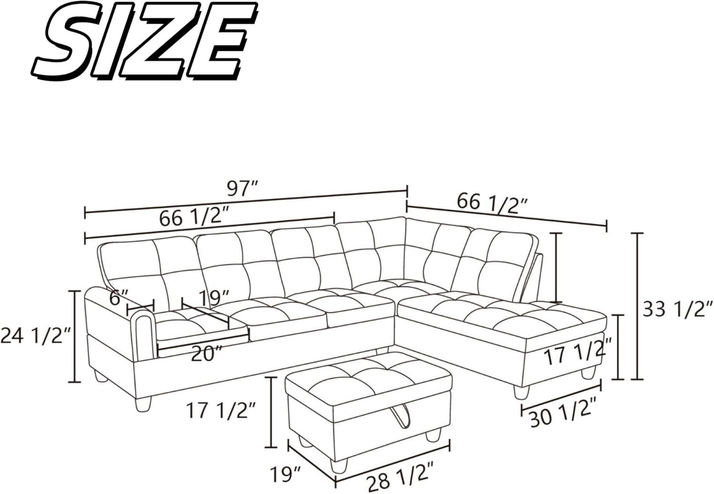 NAYSAYE Sectional Couch with Ottoman Storage, L Shaped Couch Sofa Furniture Sets, Modern Comfy Modular Comfy Sofa for Living Room Bedroom, Office and Apartment, Grey