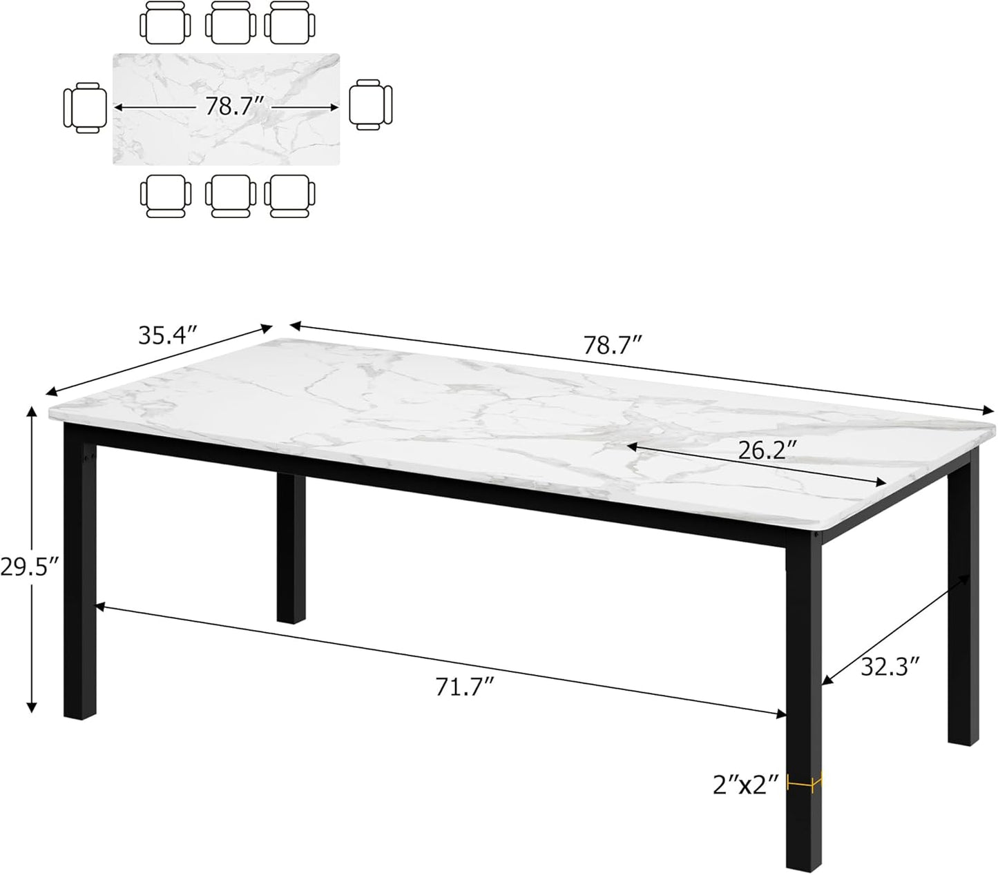 GarveeHome 78.7in Industrial Dining Table for 6, Wooden Long Dinner Table with Mortise Tenon Design, Kitchen Table with Sturdy Metal Legs, for Dining Room Home Office Living Room, White