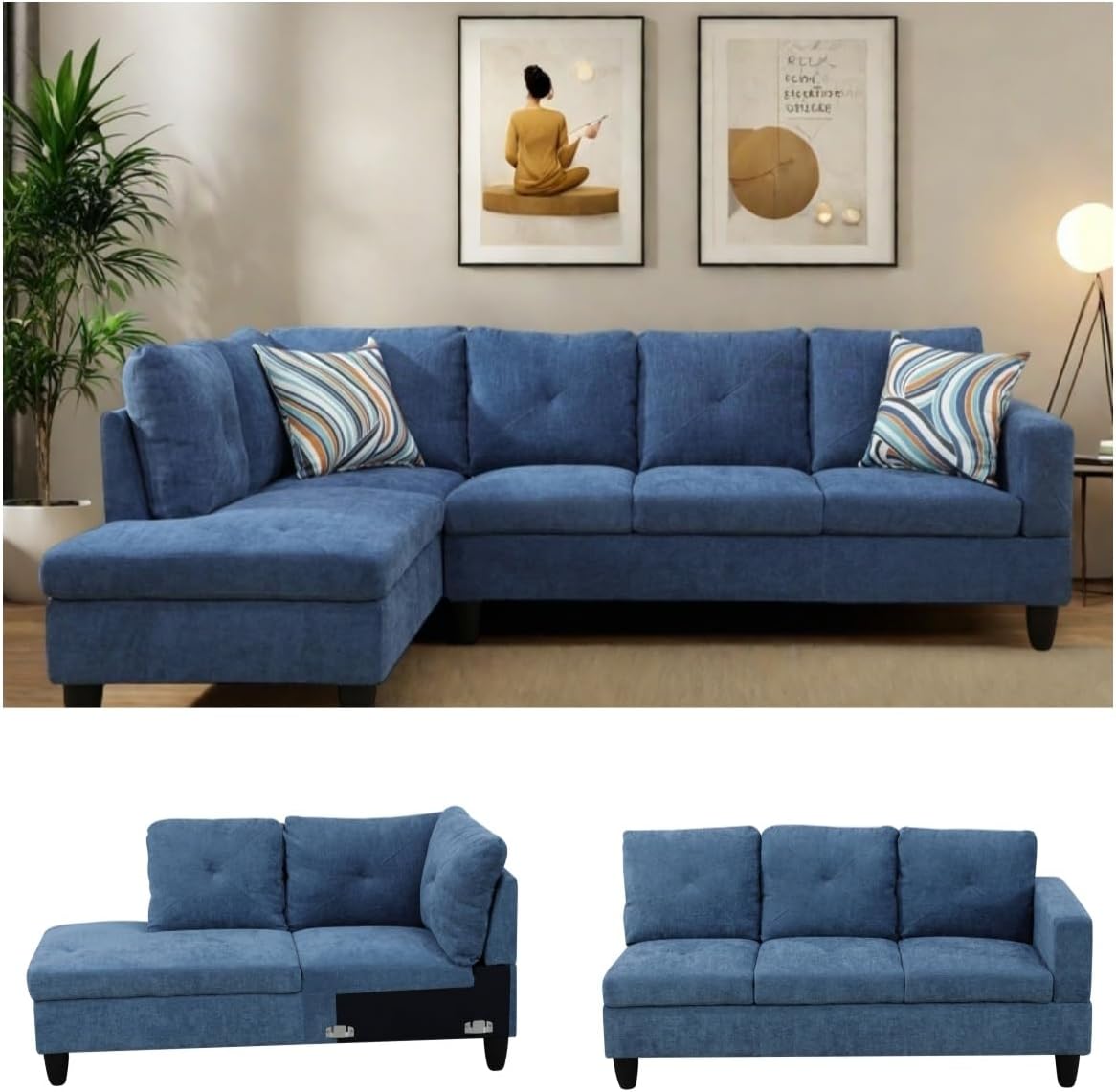 NAYSAYE L Shaped Couch, Modular Sectional Couch with Ottoman Storage, Modern Lounge Sofa Convertible Sectional Couches for Living Room, Apartment, Blue