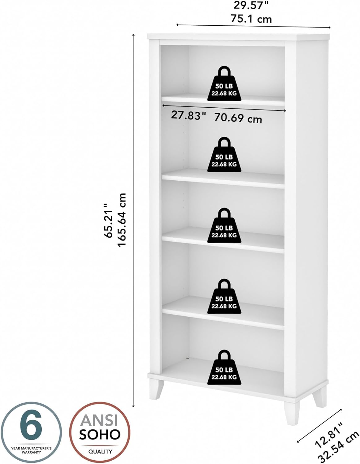 Bush Furniture Somerset 5 Shelf Bookcase in White, Tall Bookshelf, Large Book Shelf for Living Room, Home Office, or Entryway