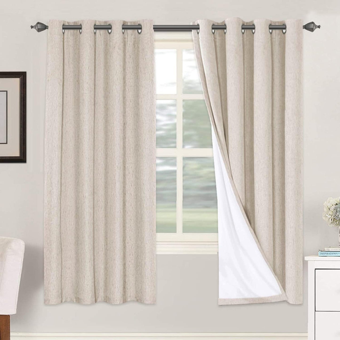 H.VERSAILTEX 72 inch Blackout Curtains, 100% Absolutely Blackout Thermal Insulated Textured Linen Look Curtain Draperies Anti-Rust Grommet Linen Curtains Blackout, 2 Panels, Natural