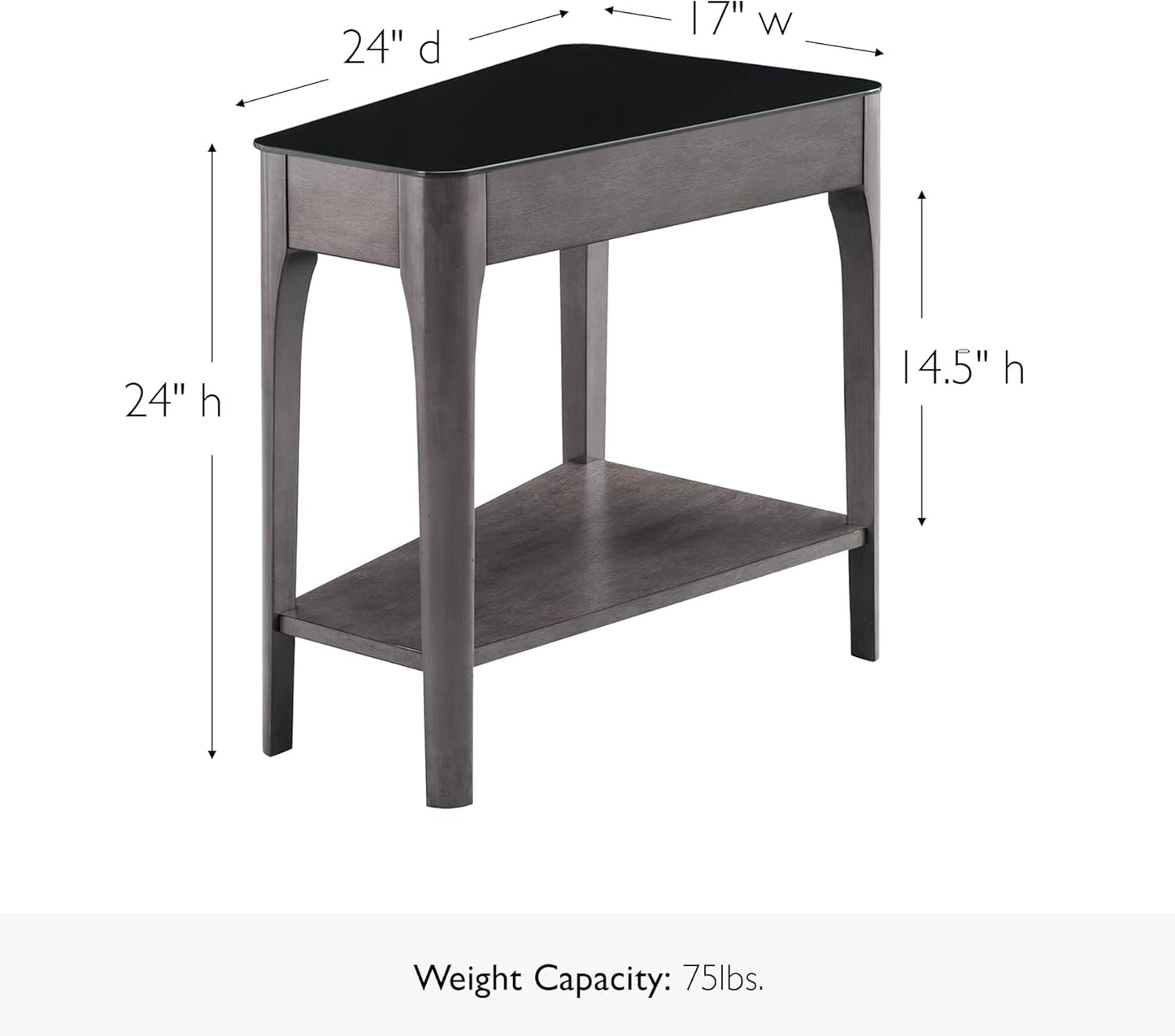 Leick Home Obsidian End Table, Solid Wood, Narrow Wedge Shape, Glass Tabletop, Bottom Display Shelf, Easy Assemlby, Smoke Gray/Black, 24.0 in. L x 17.0 in. W x 24.0 in. H, 11102-GR