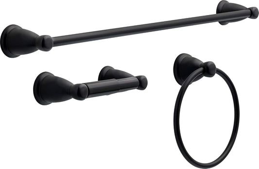 Franklin Brass Kinla 3-Piece Bathroom Set Matte Black 24" Towel Bar Rack, Toilet Paper Holder, Ring KIN3PC-MB