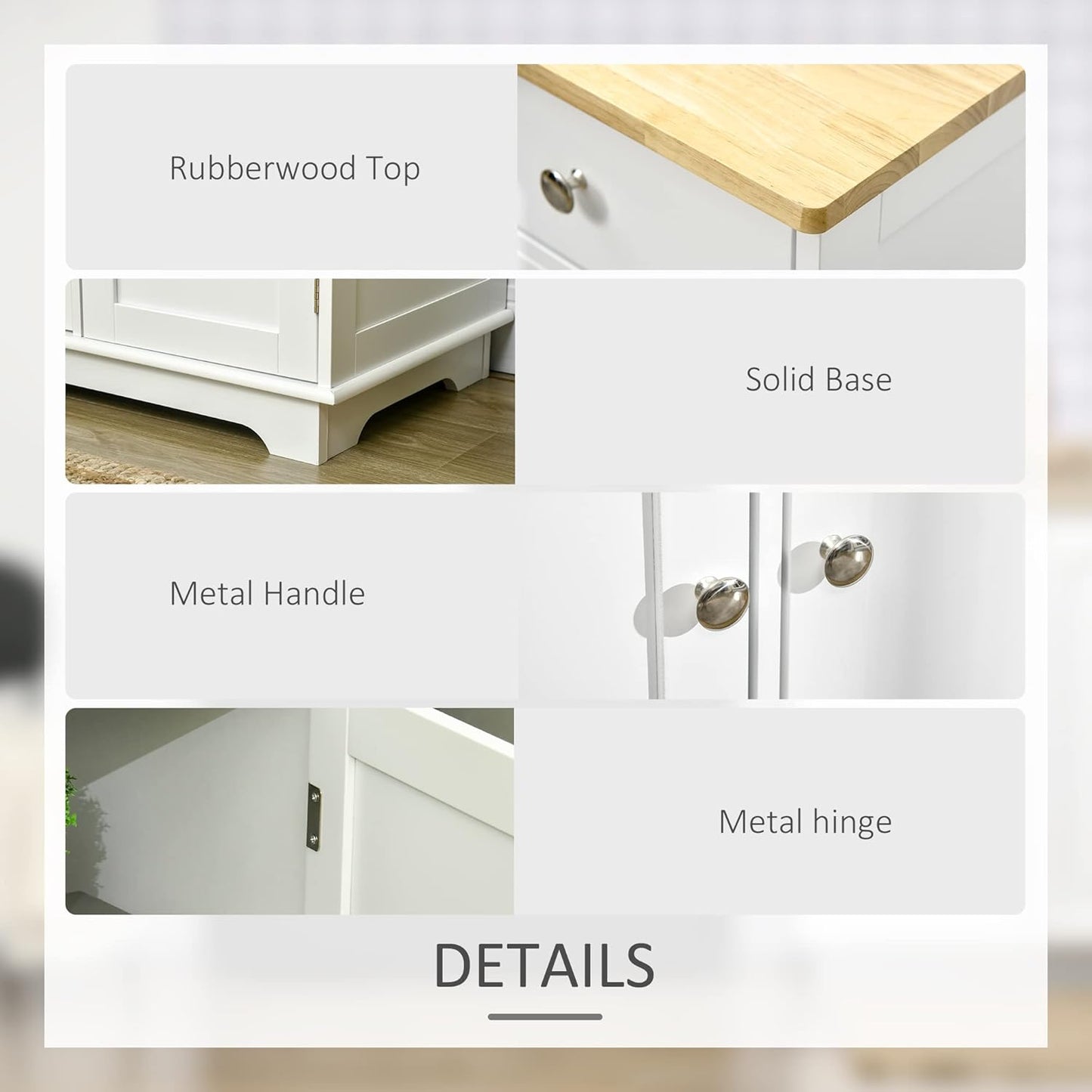 HOMCOM Sideboard with Solid Wood Countertop, Modern Kitchen Storage Cabinet, Coffee Bar Cabinet with 3 Drawers, Doors and Adjustable Shelf, White