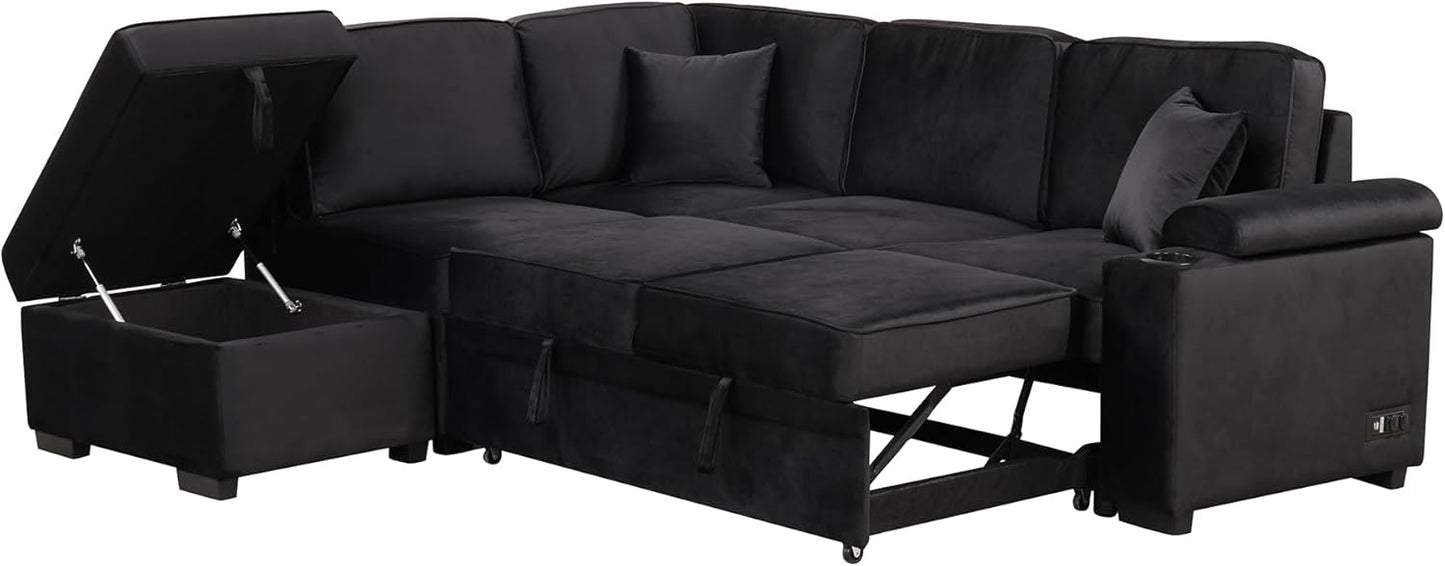 Ball & Cast 84" Convertible Sectional Sofa Bed,L-Shaped Sleeper Couch w/Storage Ottoman,Cup Holder and Charging Stations,Put Out Sofas w/Chaise,for Living Room and Small Apartment,Black