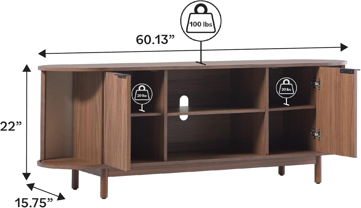 Walker Edison Modern Curved Reeded TV Stand for TVs up to 70 Inches, Credenza with Sliding Doors and Adjustable Shelves, TV Stand with Cord Management Cutout, 60 Inch, Mocha