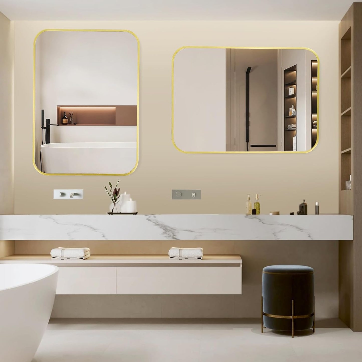16x24 Inch Bathroom Mirror for Wall,Matte Gold Framed Rectangle Mirror with Rounded Corner,Aluminum Alloy Framed Brushed Wall Mirror for Bedroom or Living Room,Vertical or Horizontal