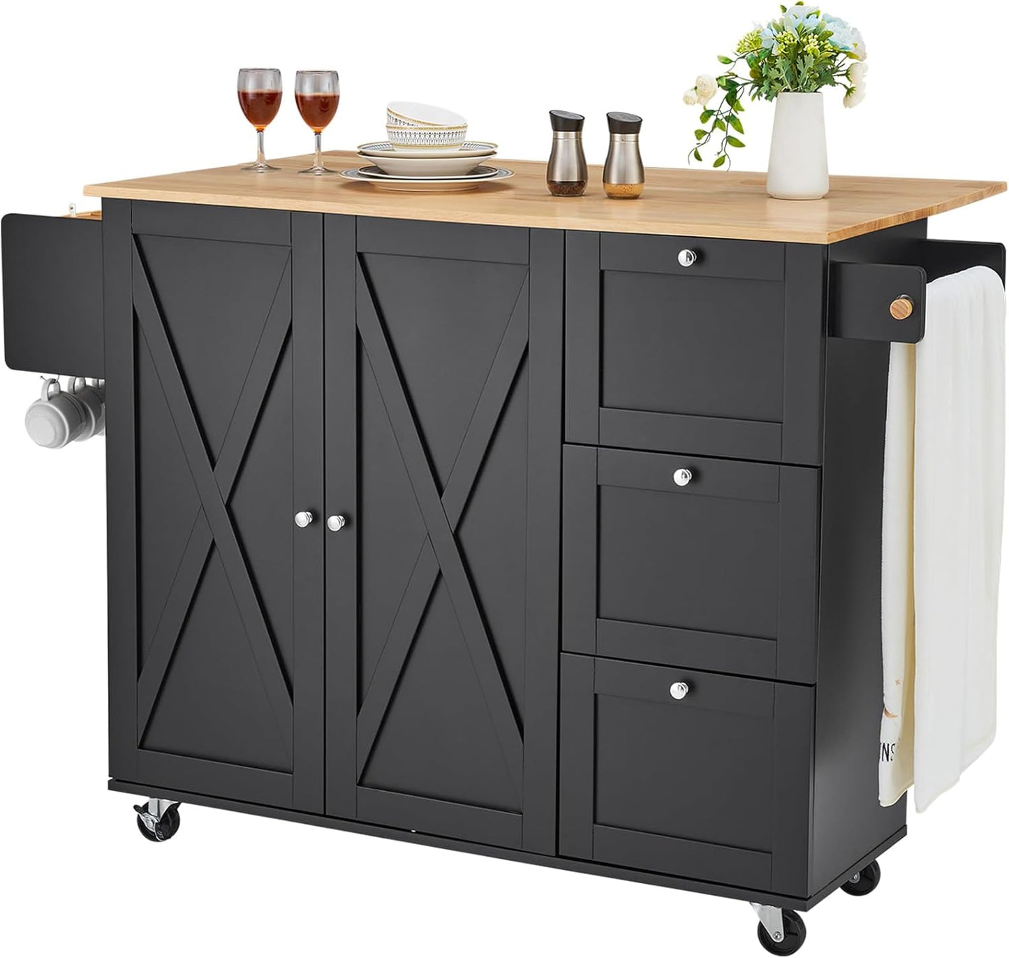 VEVOR Kitchen Island Cart, Rolling Table with Drop Leaf, Spice Rack, Towel Bar, Adjustable Shelf, Drawer, and Hooks, Mobile Island on Wheels, Mobile Carts with Storage Cabinet, 45.3" Wood Top, Black