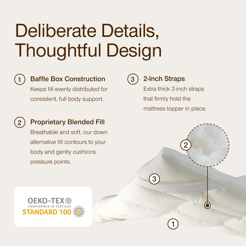 Coop Home Goods Essence Down Alternative Mattress Topper Queen, Plush 2-Inch Gusset and Baffle Box Design for Even Support and Comfort, Premium Bed Topper for Pressure Relief, Oeko-TEX Certified