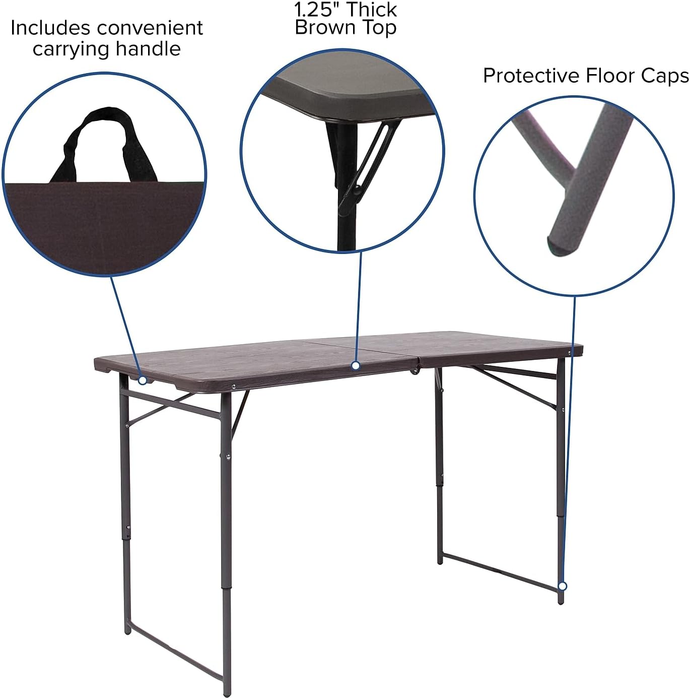 Flash Furniture Mills 4-Foot Height Adjustable Bi-Fold Brown Wood Grain Plastic Folding Table with Carrying Handle