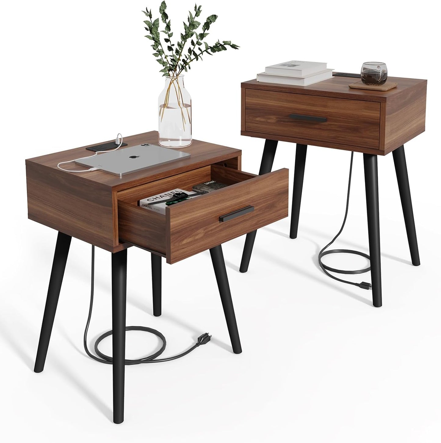 HAIOOU Set of 2 Mid Century Nightstand with Charging Station, End Table Modern Side Table One Drawer with Premium Matte Black Handle and Pine Wood Legs for Home Bedroom Living Room (NS003X)
